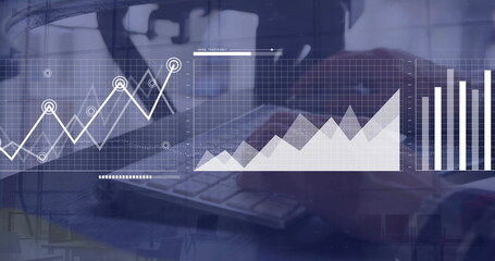 Image of financial data processing over caucasian businessman using computer