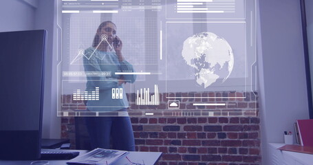 Image of financial data processing over biracial businesswoman in office