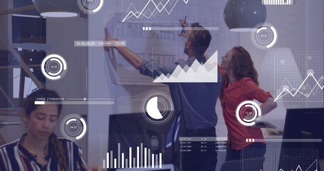 Image of financial data processing over diverse business people in office