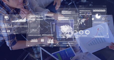 Image of financial data processing over diverse business people in office