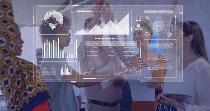 Image of financial data processing over diverse business people in office