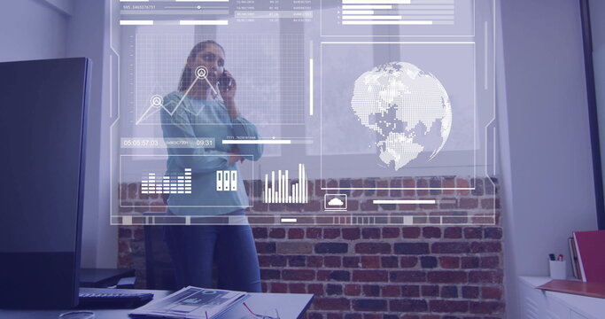 Image of financial data processing over biracial businesswoman in office