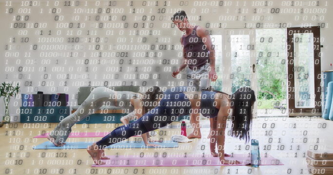Image of processing data over diverse male instructor and female yoga class - Powered by Adobe