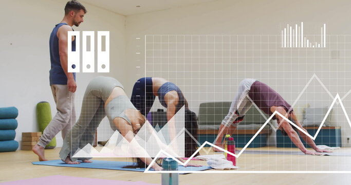 Image of media icons and processing data over diverse male instructor and female yoga class - Powered by Adobe
