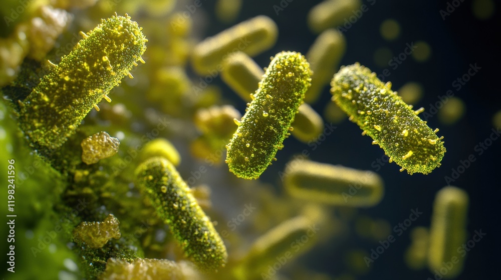 Poster 3d render of vibrant microbes showcasing intricate structures and dynamic movement in a microscopic 