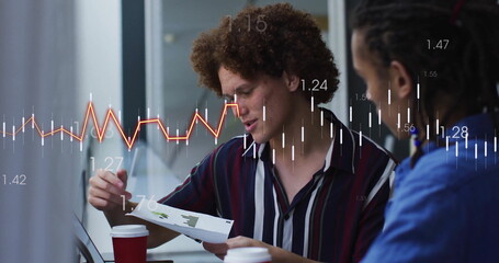 Image of financial data processing over diverse businesspeople in office