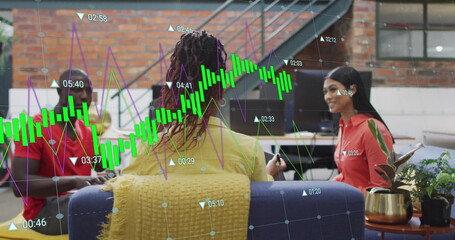 Image of financial data processing over diverse businesspeople in office