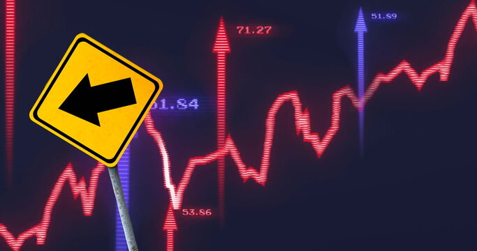 Image of financial data processing over arrow on yellow road sign - Powered by Adobe