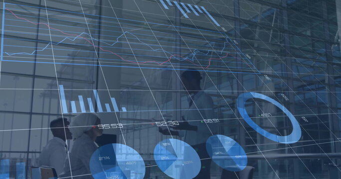 Image of data processing and diagrams over diverse business people discussing work