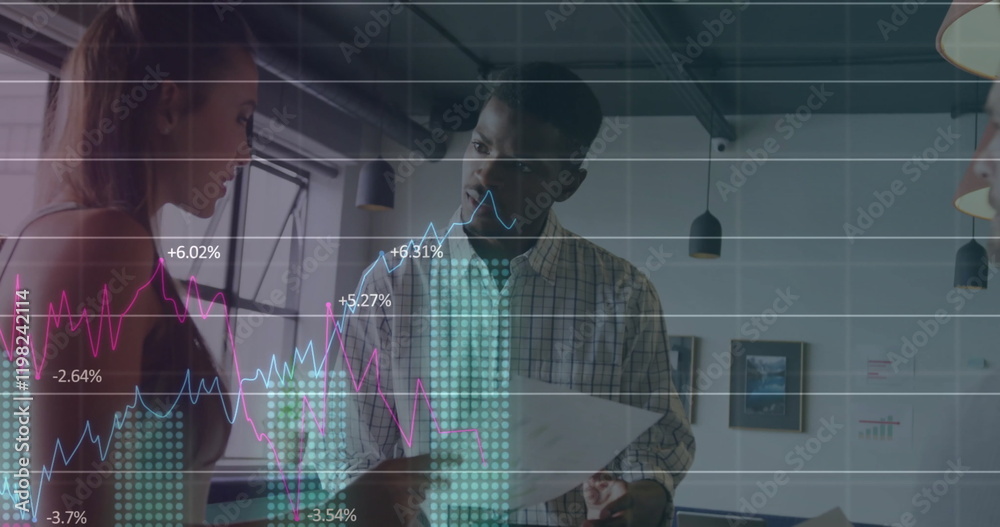 Poster image of data processing and diagrams over diverse colleagues discussing work in office