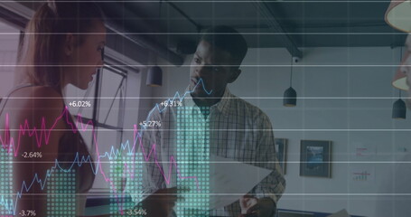 Image of data processing and diagrams over diverse colleagues discussing work in office