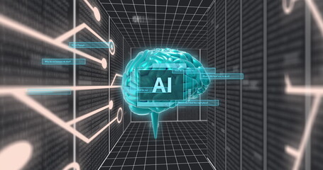 Image of digital brain spinning with ai text over connections