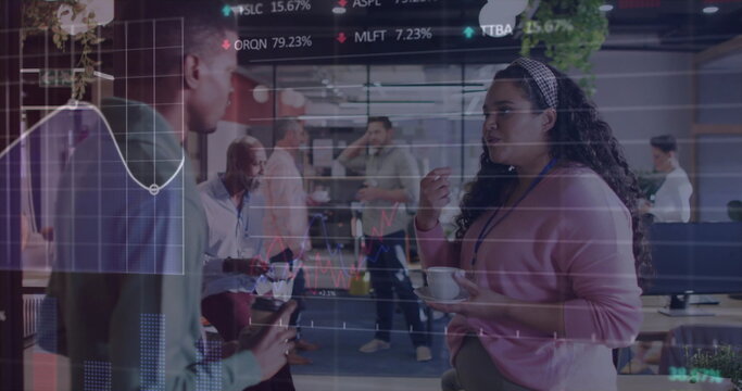 Image of data processing and diagrams over diverse colleagues discussing work in office