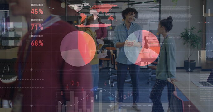 Image of data processing and diagrams over diverse colleagues discussing work in office