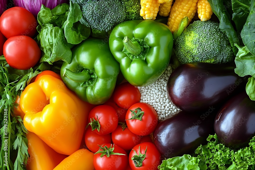 Aufkleber Assorted Array of Vegetables Including Peppers Tomatoes Broccoli Corn and Eggplants : Generative AI