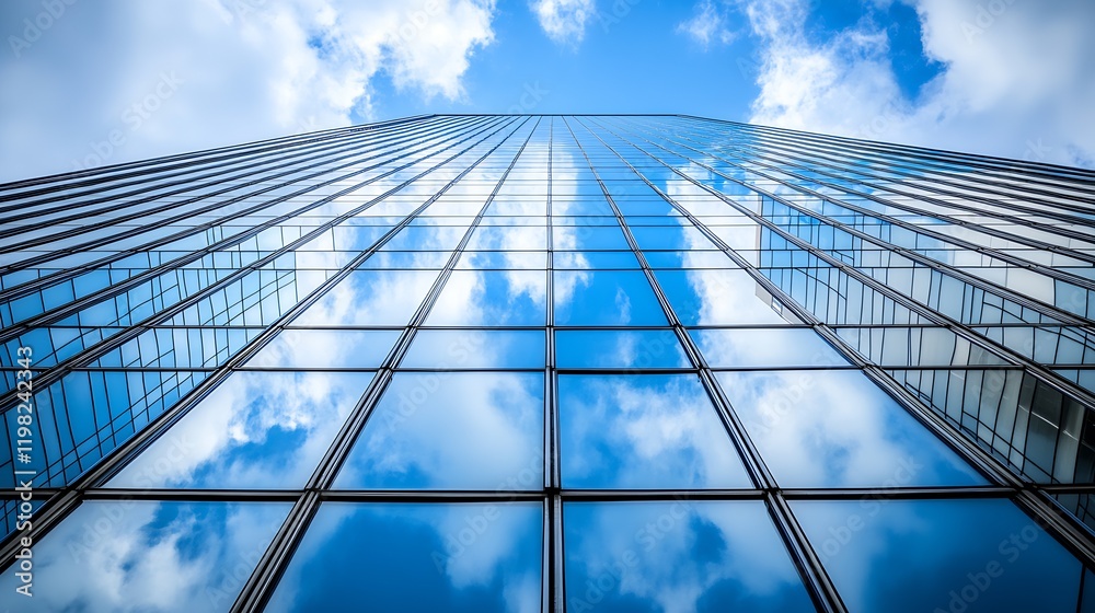 Poster impressive glass building design with reflective surface showcasing blue skies and clouds : generati