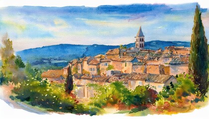 Watercolor Masterpiece Old Town Mons, Var, Provence, France A Charming Scene of Medieval Architecture Bathed in Soft Watercolors