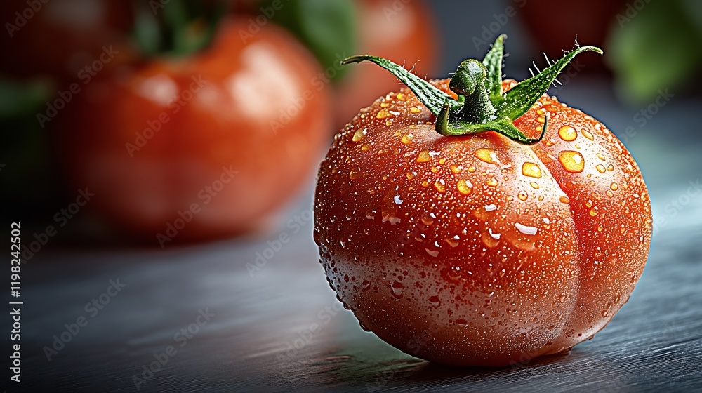 Poster Single Dew-Covered Tomato with Blurred Background on a Rustic Surface : Generative AI
