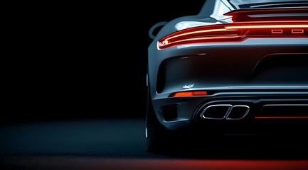 Back view of LED headlights on black metallic sedan car shining on dark background. Sport car backlight. Flashing brake light, stop lamp indicator. Night driving, safety concept. Generic modern design