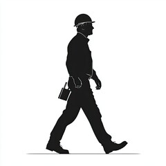 Fototapeta premium Silhouette of a Construction Worker Walking: A Black and White Illustration of a Man in Hard Hat and Work Clothes