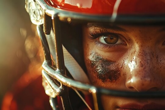 Close-up portrait of determined american football player wearing helmet