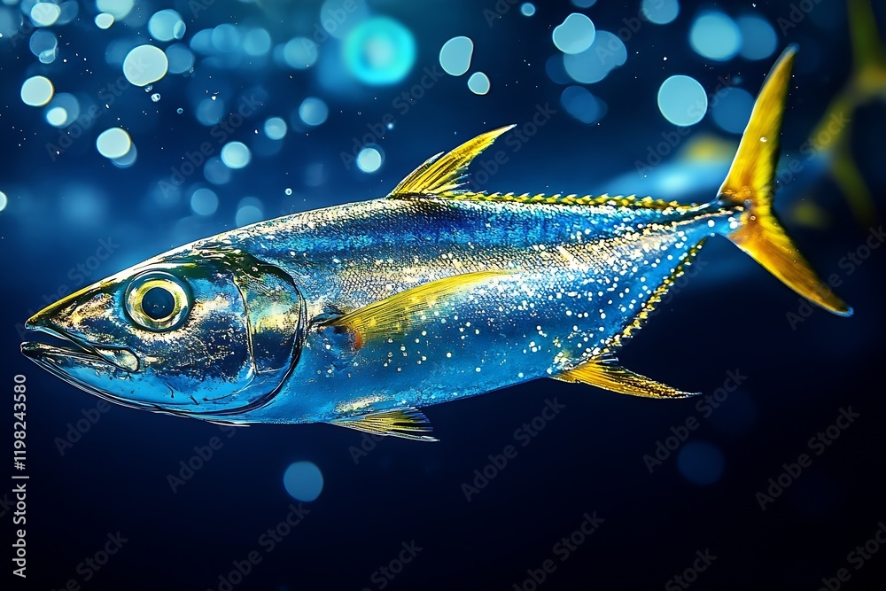 Poster glittering yellowfin tuna with sparkling oceanic background : generative ai