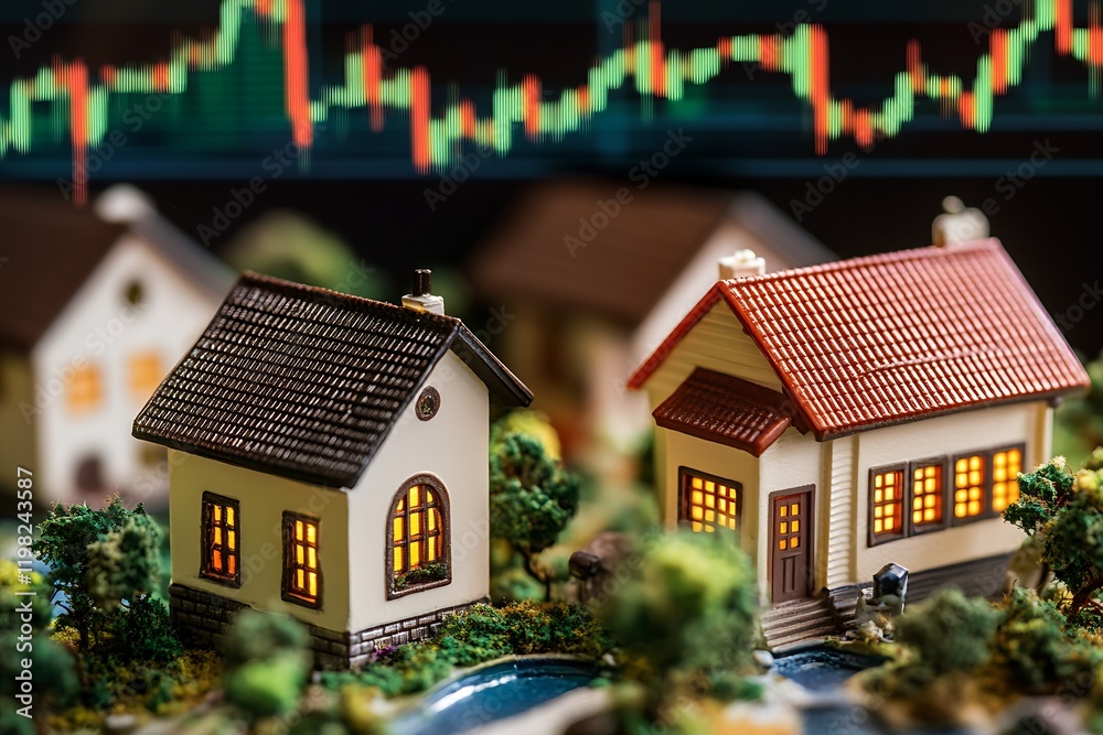 Poster charming miniature houses with illuminated windows and stock market graph : generative ai