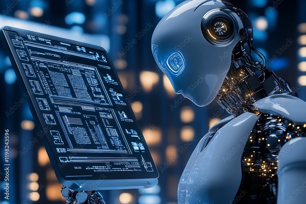 Aufkleber Advanced AI robot analyzing data on digital tablet in a futuristic tech environment : Generative AI