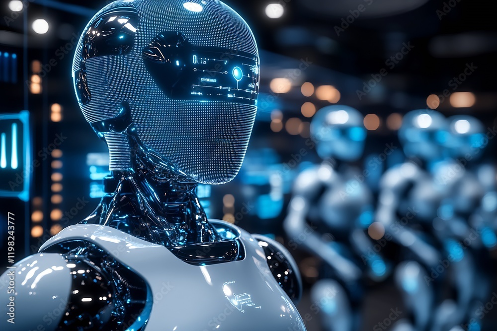 Poster Futuristic Robot with Blue LED Lights in High Tech Environment : Generative AI