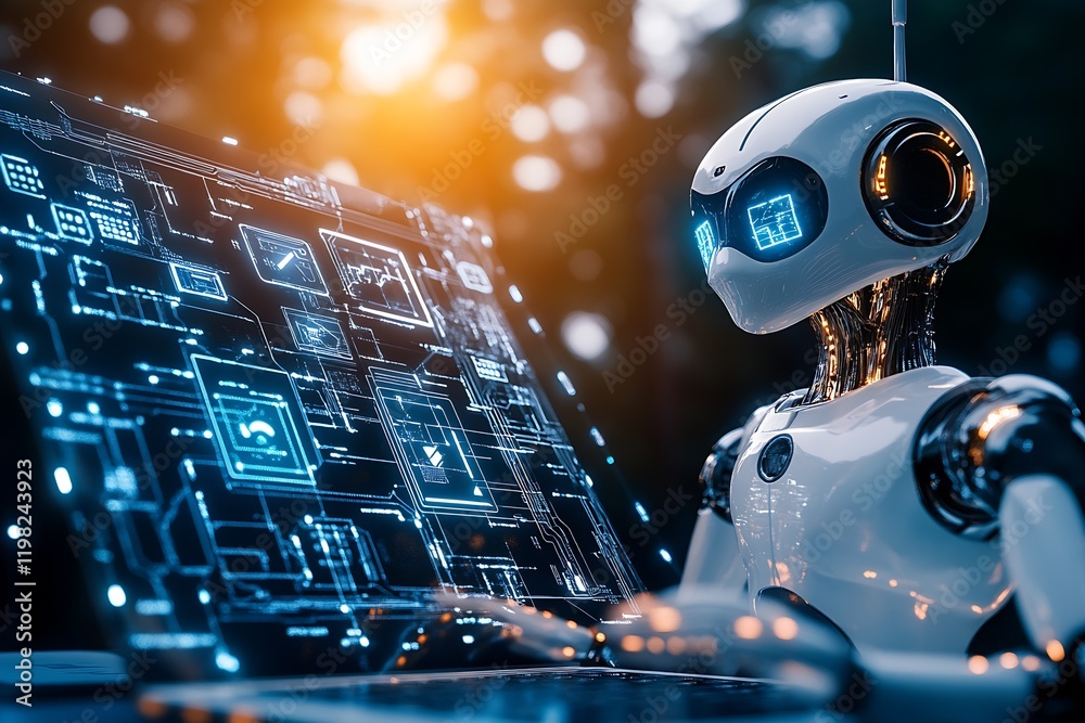 Aufkleber Futuristic robot analyzing digital data on interactive screen in immersive high tech setting : Generative AI