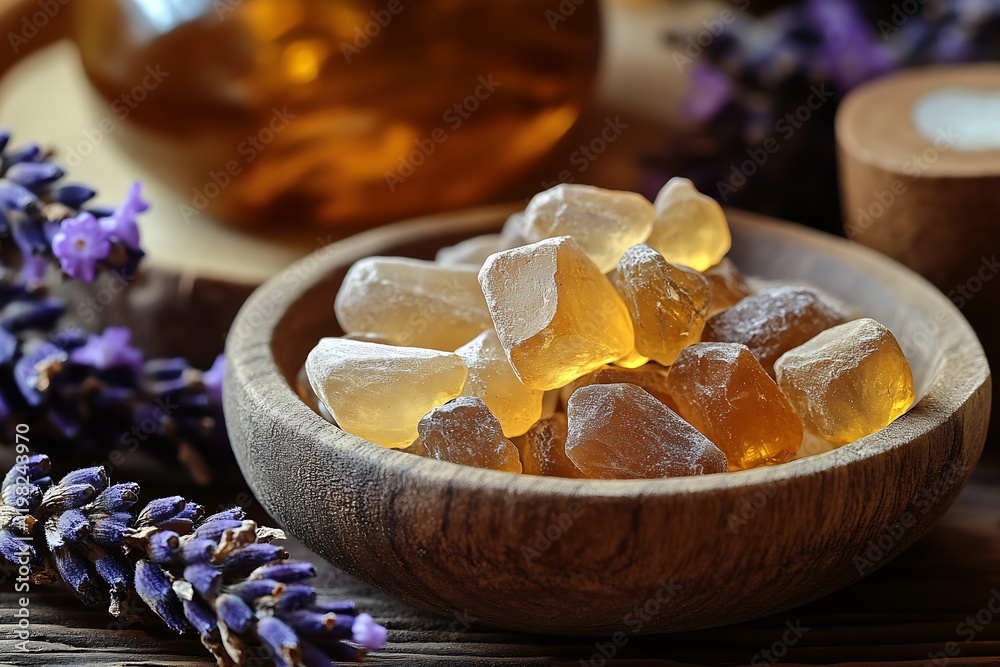 Poster rustic display of amber crystals with lavender on dark wooden background : generative ai