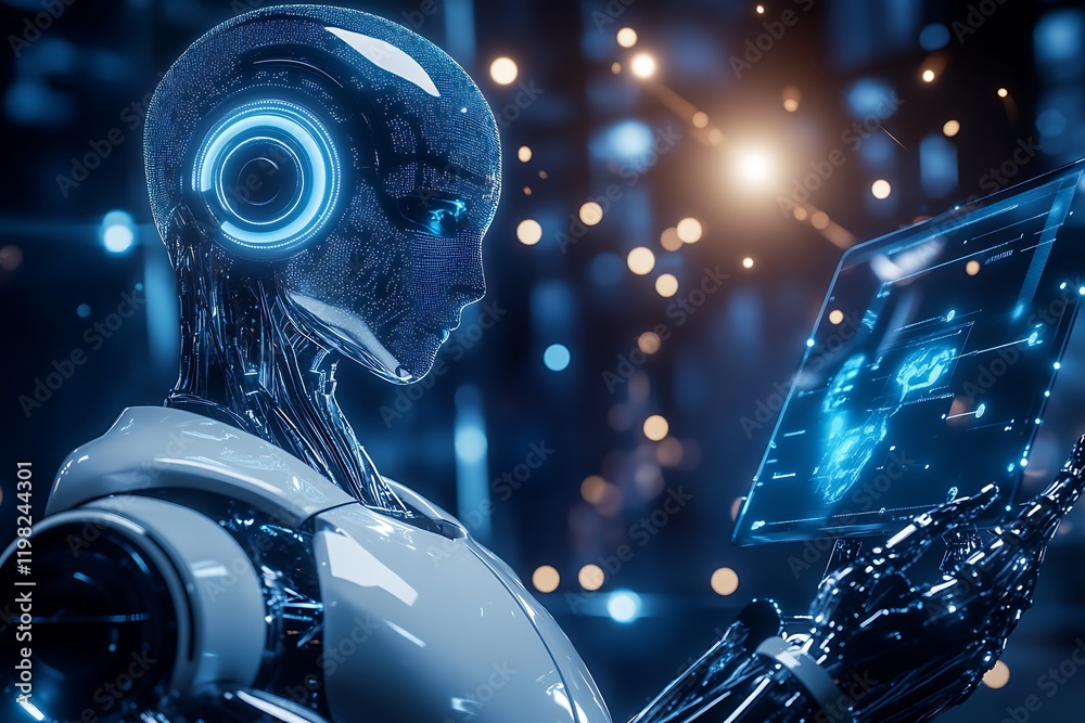 Aufkleber Advanced Cybernetic Robot Engaging with Interactive Touchscreen in Digital Realm : Generative AI