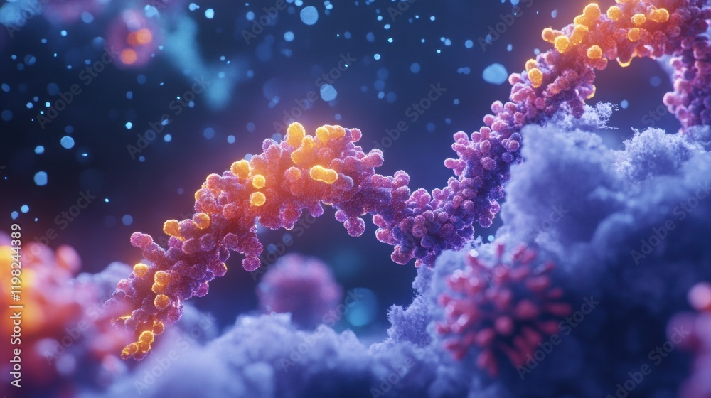 Fototapete Close up view of an RNA chain surrounded by various viruses in a vibrant molecular landscape. Generative AI