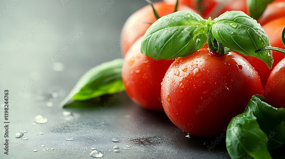 Poster close-up vibrant tomatoes with basil on wet slate surface for cooking inspiration : generative ai