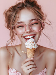 Jeune fille souriante avec un cornet à glace