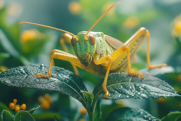 Fototapeta premium close-up of a grasshopper perched on vibrant green leaves, showcasing its intricate features and textures in a natural setting, bringing to life the beauty of small creatures