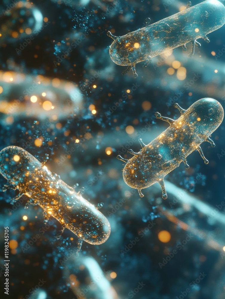 Fototapete exploring the vibrant world of microbes in a detailed 3d render showcasing diverse microscopic life 