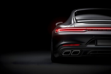 Back view of LED headlights on black metallic sedan car shining on dark background. Sport car backlight. Flashing brake light, stop lamp indicator. Night driving, safety concept. Generic modern design