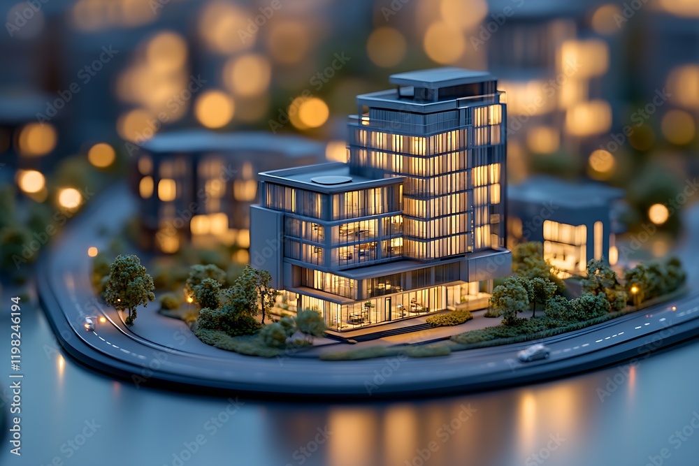 Aufkleber illuminated miniature modern cityscape with high-rise buildings in evening glow : generative ai