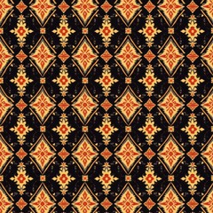 Intricate Floral Diamond Pattern: A mesmerizing repeating pattern of elegant diamond-shaped motifs, adorned with intricate floral details in hues of gold, red, and black.