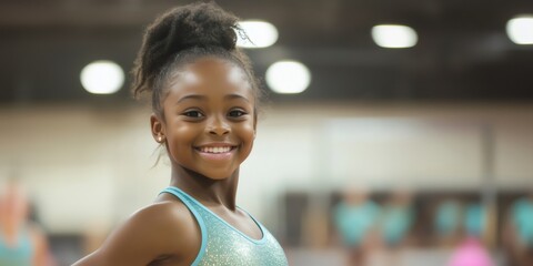 Portrait of smiling african american girl gymnast practicing in gym