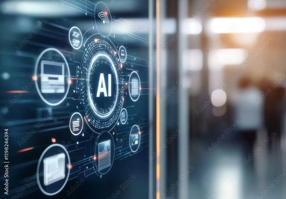 Poster futuristic digital interface displaying ai technology concepts with vibrant graphic elements