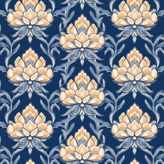 Elegant Damask Floral Pattern: A seamless repeat pattern featuring a sophisticated damask design with stylized floral motifs in muted beige and blue hues against a deep navy blue background.