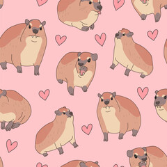 Seamless pattern. Cute animal rock hyrax with hearts on pink background. Vector illustration for design, wallpaper, packaging, textile. kids collection