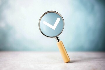 Magnifying glass highlighting a check mark symbolizes quality control and approval in business decision-making