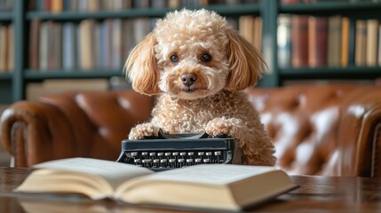 [Pets with literary passions] Brown Dog Reads with Glasses & Typewriter in Cozy Reading Nook Scene