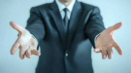 Obraz premium sharp and modern half length portrait of man in suit with outstretched hands, conveying welcoming gesture. background is neutral and professional