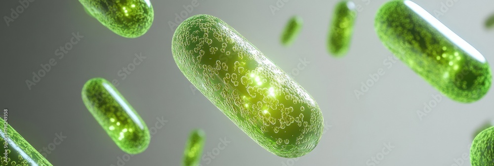 Poster 3D render of green microbes in a suspended state showcasing organic textures and intricate details. Generative AI