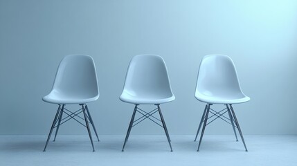 [job interview panel interview company] Mid-Century Modern Chairs in Dark Grey Against Light Blue Background Minimalist Chic Seating Arrangement