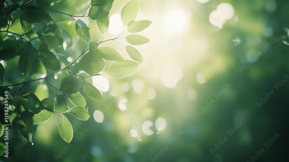 Aufkleber Sunlight filters through lush green leaves in a tranquil forest setting in springtime. Generative AI